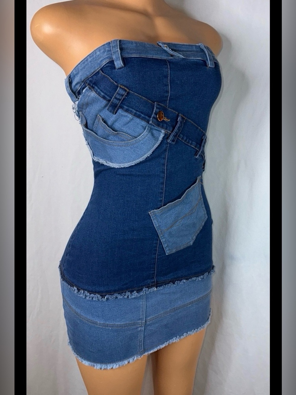 Denim Patch Strapless Mini Dress - Blue